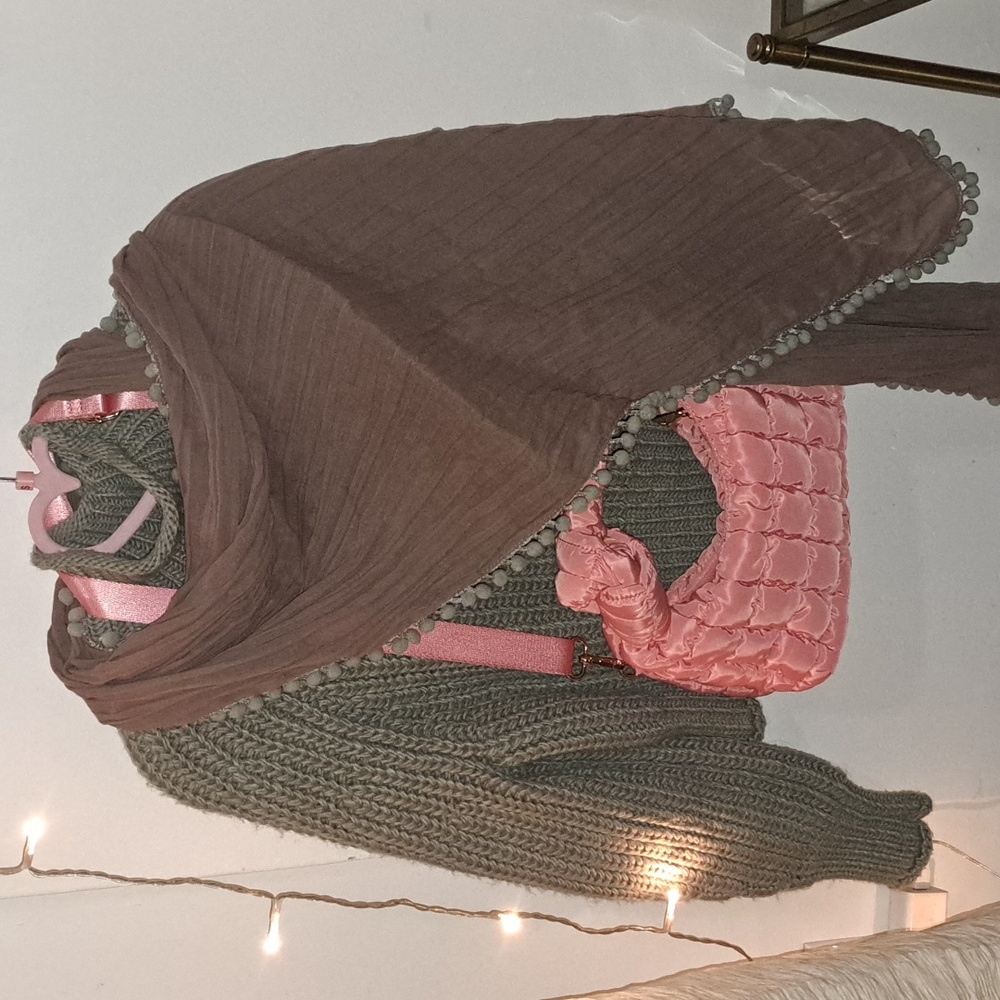 Mauve Taupe Scarf With Sage Green Pom Poms!